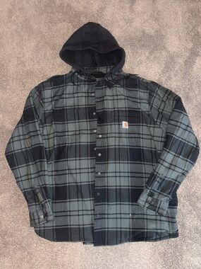Carhartt Black & Green Plaid Hooded fleece Shirt